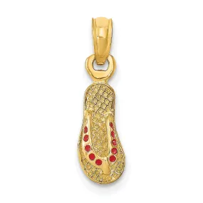 14k Yellow Gold Testure Polished Finish 3-Dimensional Polished Texture Red Enamel Finish Single Flip Flop Sandle Charm Pendant