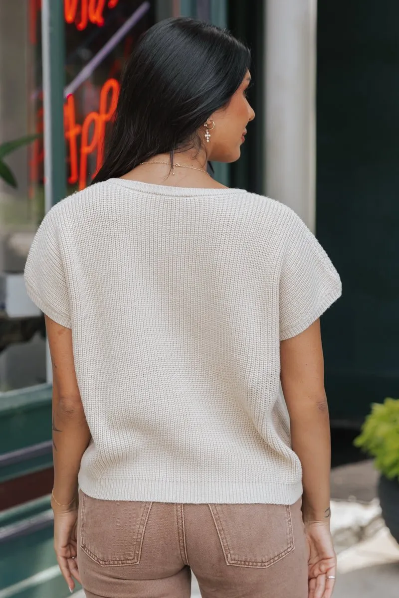 Essential Ribbed Short Sleeve Sweater - Beige - FINAL SALE