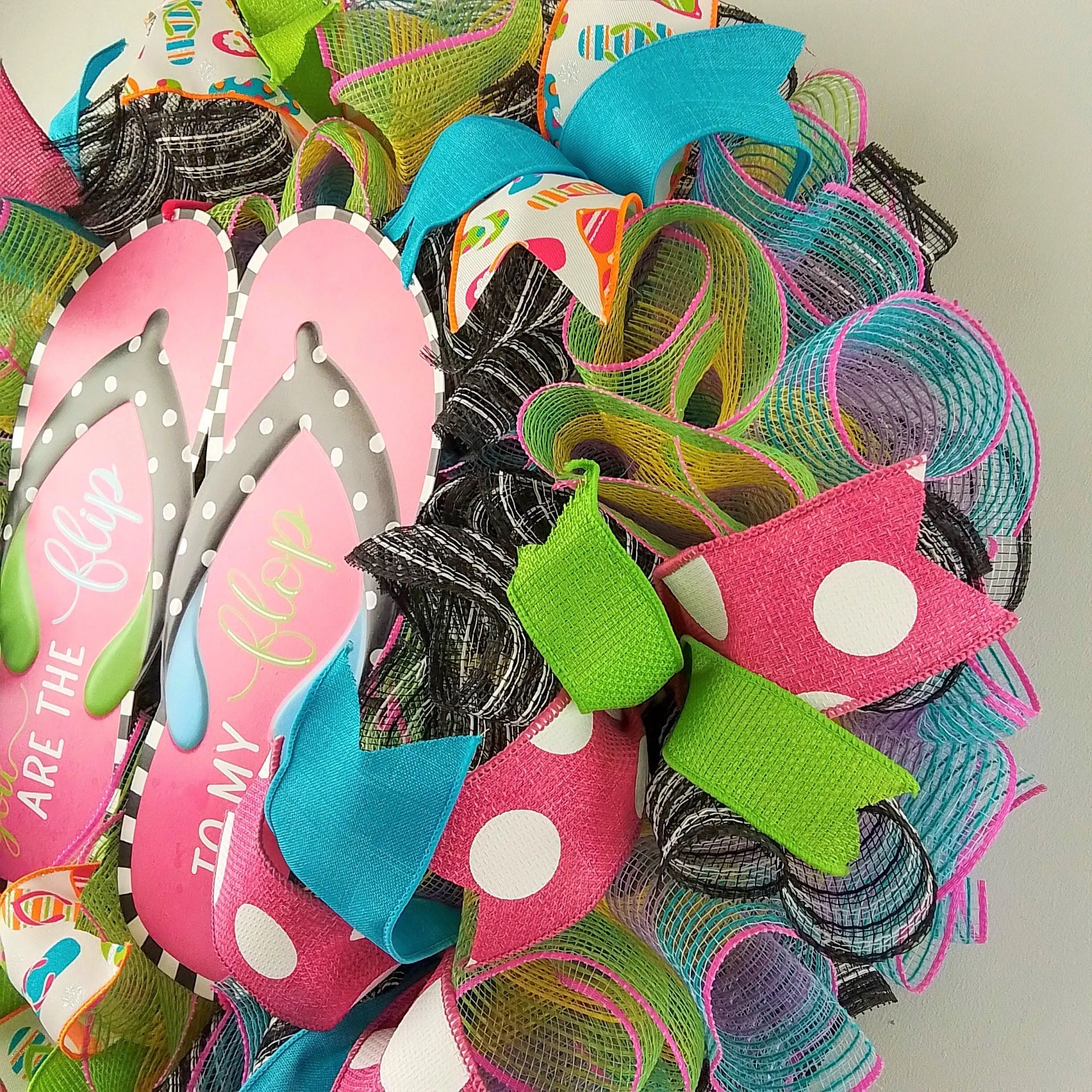 Flip to my Flop Wreath - Summer Spring Front Door Decor - Beach Decoration - Lime Green Pink Turquoise Black