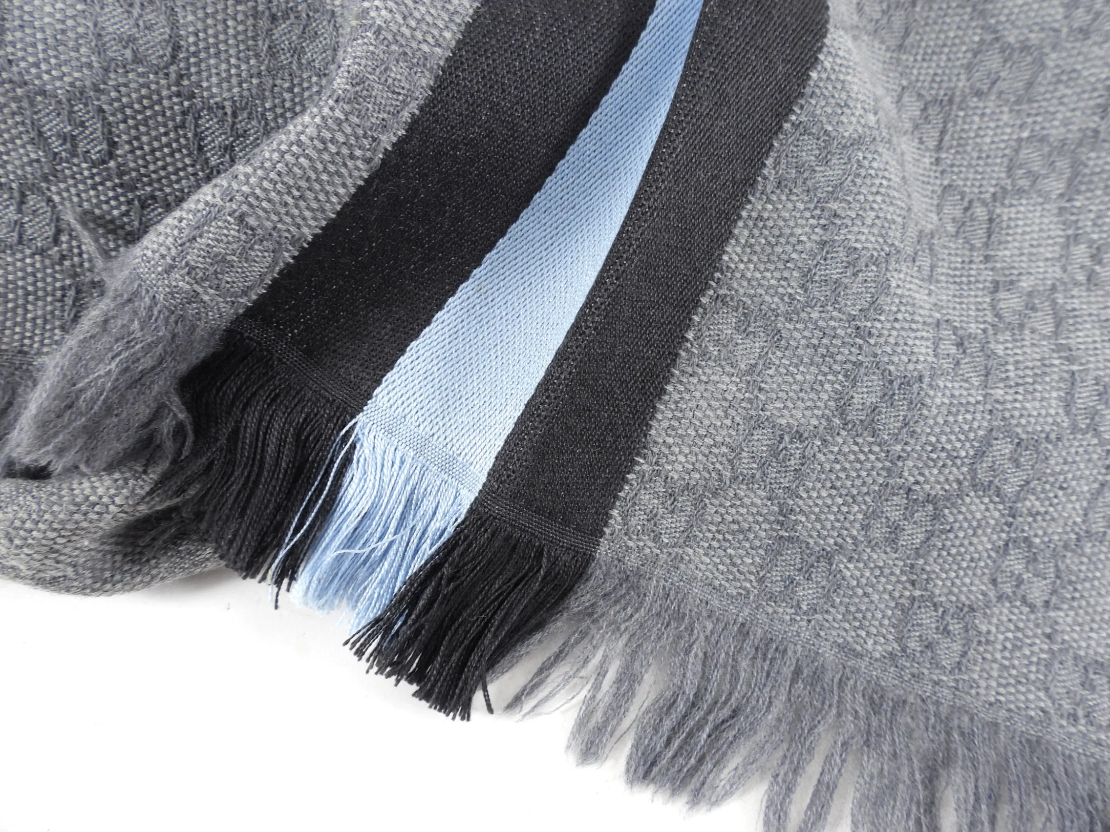 Optimized Title: Stylish Gucci Long Scarf with Grey and Blue Stripe Monogram Pattern