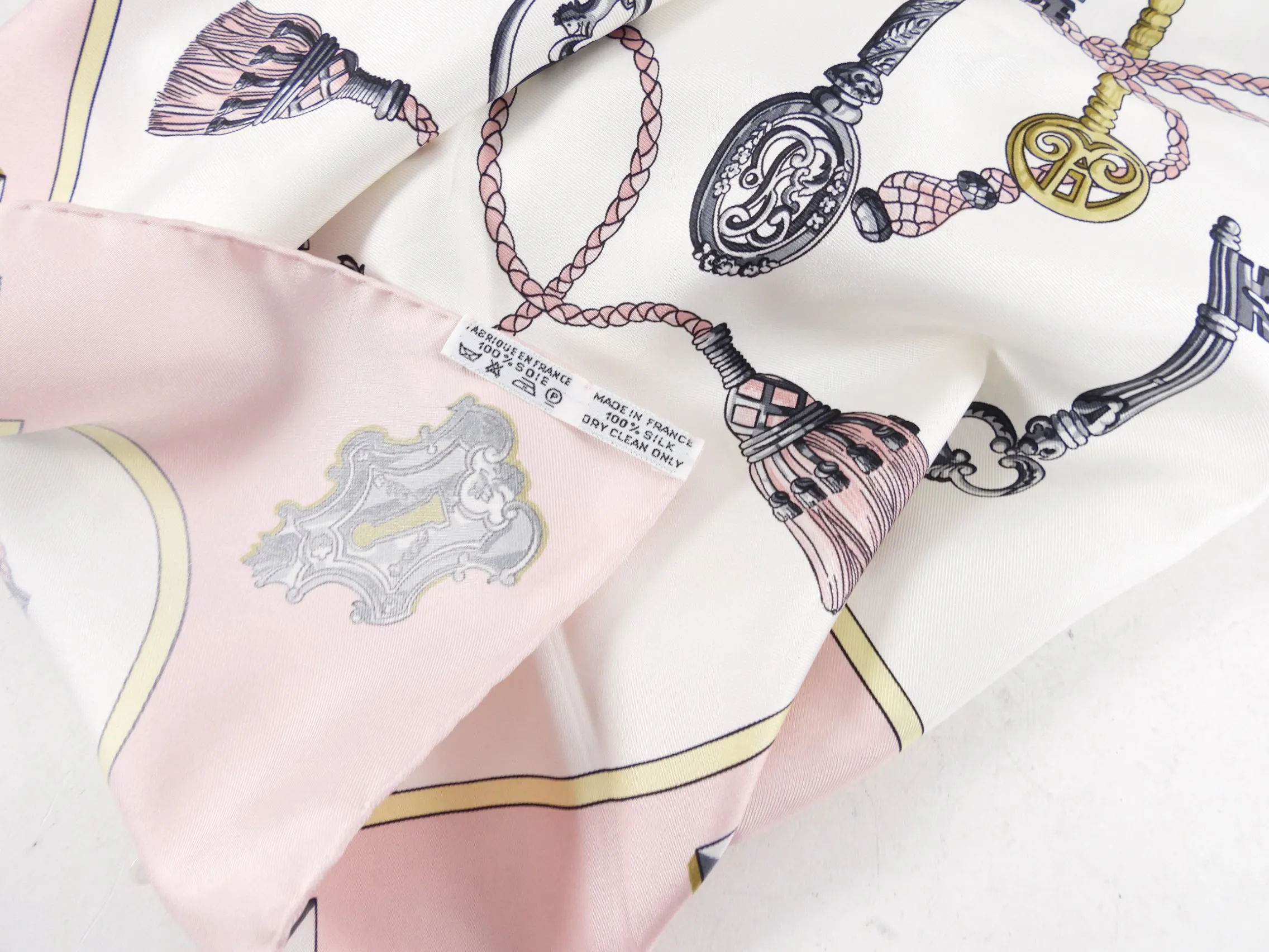Hermes Shell Pink and White Les Cles Silk 90cm Scarf