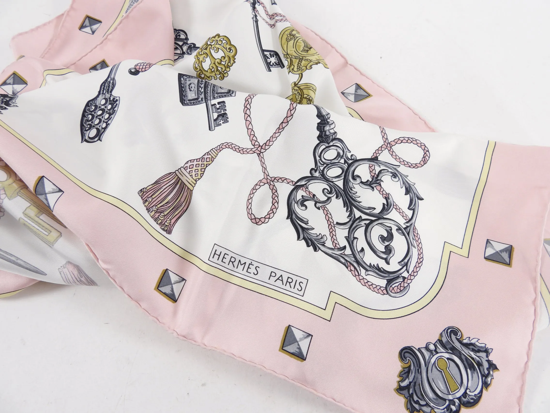 Hermes Shell Pink and White Les Cles Silk 90cm Scarf