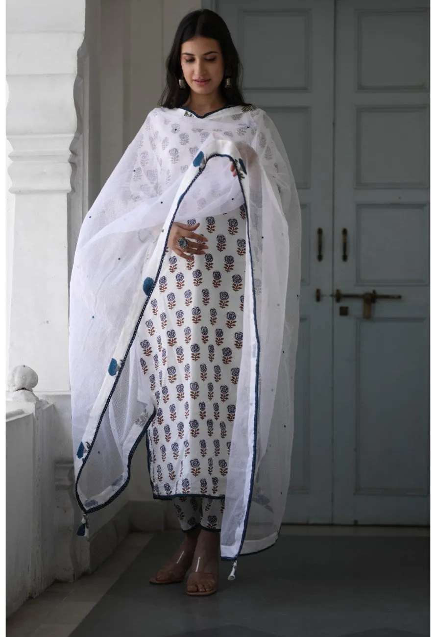 Kiara white handblock print small booti straight set