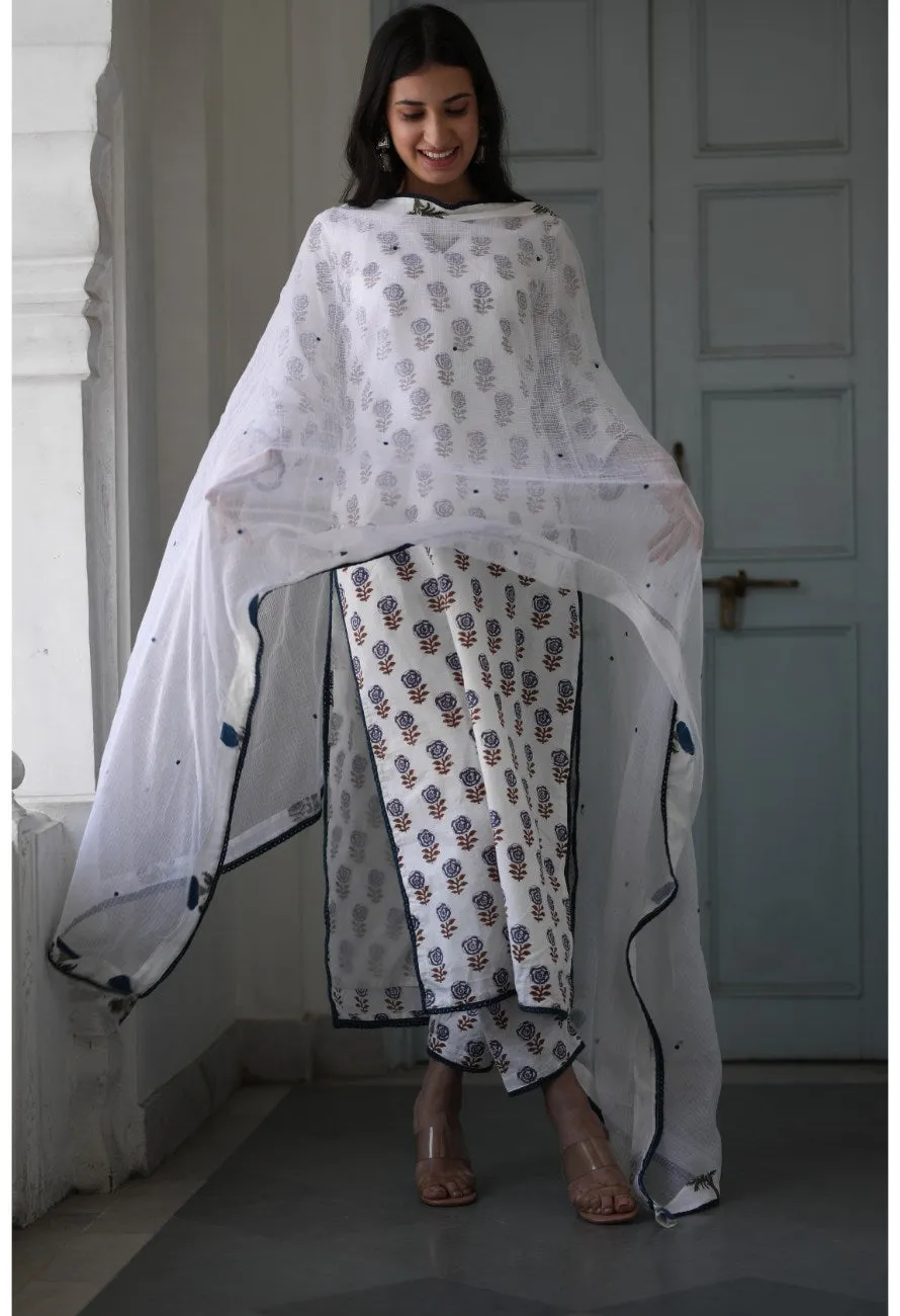 Kiara white handblock print small booti straight set