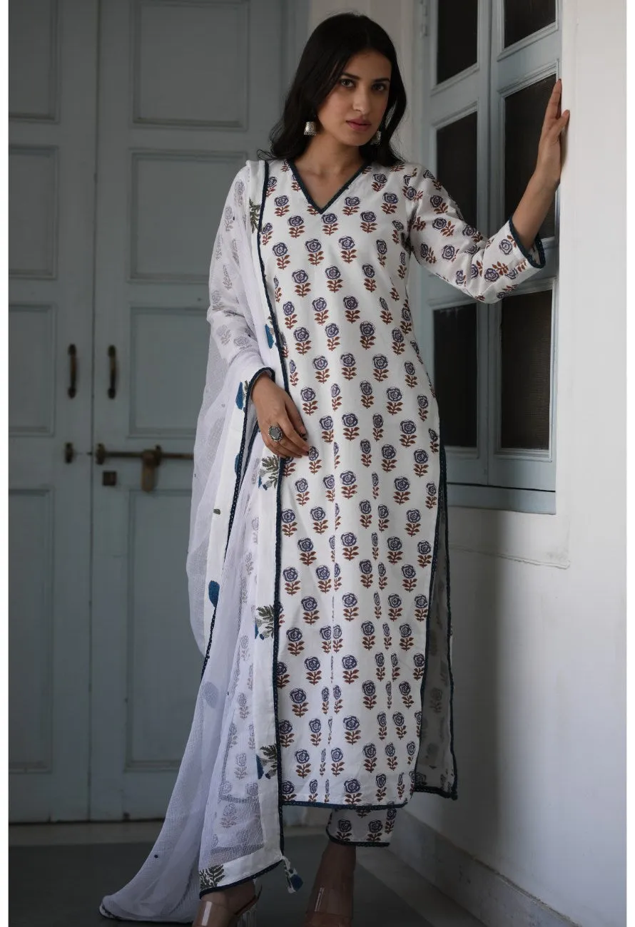 Kiara white handblock print small booti straight set